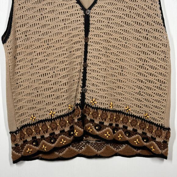 Koret Vtg Sweater Vest Large Brown Beaded Crochet Knit Cottagecore Artsy Neutral - Picture 4 of 9